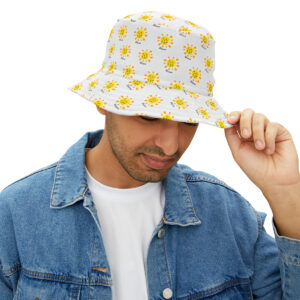 Man wearing the LWH bucket hat in white with smiling yellow sunshine pattern. The letter LWF in braille and print