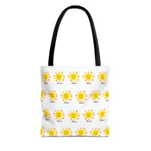 white polyester tote bag with black handle covered in a sunshine pattern with LWF in braille and print and the word Shine in black text